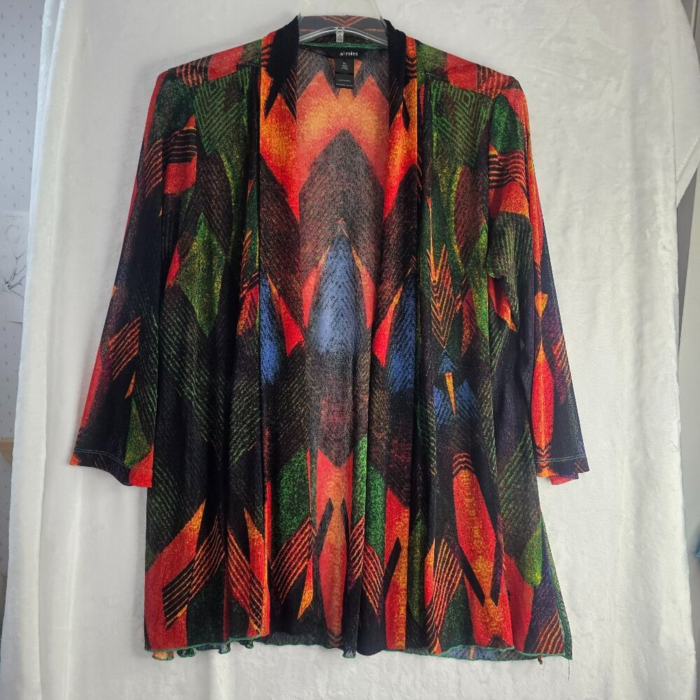 Ali Miles Artsy Open Cardigan Multicolor Geometric Abstract Print XL Lightweight